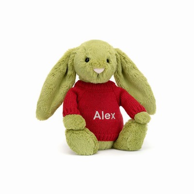 Jellycat Bashful Moss Bunny with Red Jumper USA | 67025ZVRA